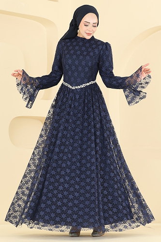 moda selvim Taş Detaylı Dantel Abiye 5775EDF311 Laci - Thumbnail