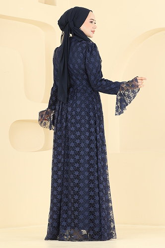 moda selvim Taş Detaylı Dantel Abiye 5775EDF311 Laci - Thumbnail