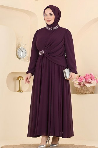 moda selvim Taş Detaylı Drapeli Abiye 5772DMNK1166 Mor - Thumbnail