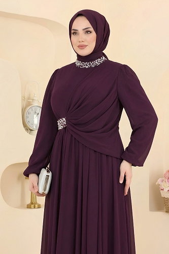 moda selvim Taş Detaylı Drapeli Abiye 5772DMNK1166 Mor - Thumbnail