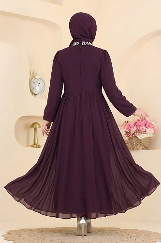 moda selvim Taş Detaylı Drapeli Abiye 5772DMNK1166 Mor - Thumbnail