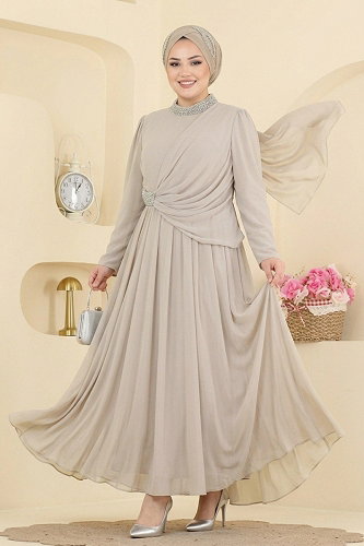 moda selvim Taş Detaylı Drapeli Abiye 5772DMNK1166 Taş - Thumbnail