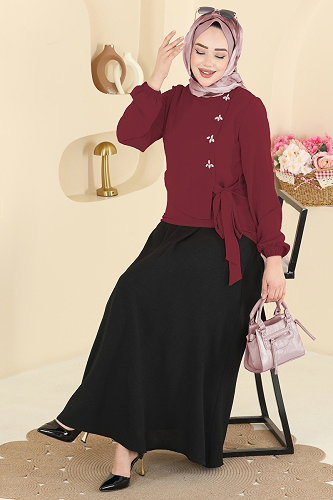 moda selvim Taş Detaylı Etekli Takım 2844SLK540 Bordo&Siyah - Thumbnail