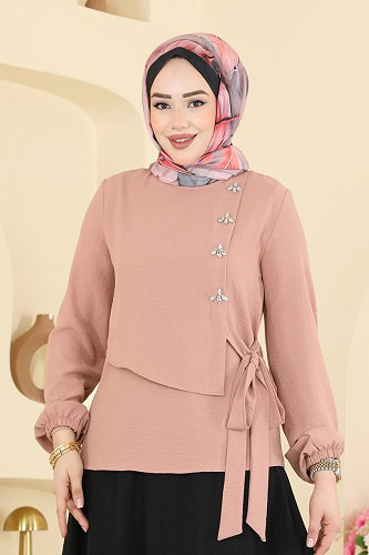 moda selvim Taş Detaylı Etekli Takım 2844SLK540 Gül Kurusu&Siyah - Thumbnail