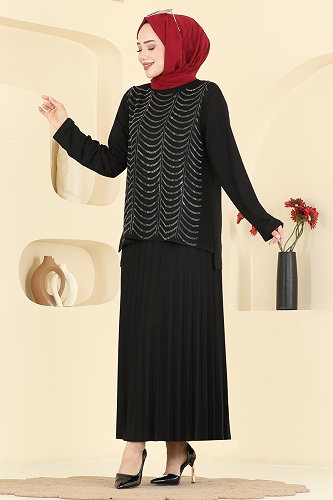moda selvim Taş Detaylı Etekli Takım 3417UZ662 Siyah - Thumbnail