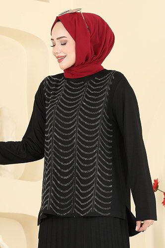 moda selvim Taş Detaylı Etekli Takım 3417UZ662 Siyah - Thumbnail