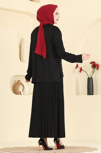 moda selvim Taş Detaylı Etekli Takım 3417UZ662 Siyah - Thumbnail