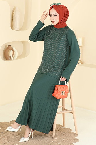 moda selvim Taş Detaylı Etekli Takım 3417UZ662 Zümrüt - Thumbnail