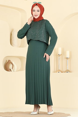 moda selvim Taş Detaylı Etekli Takım 3417UZ662 Zümrüt - Thumbnail