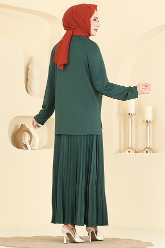 moda selvim Taş Detaylı Etekli Takım 3417UZ662 Zümrüt - Thumbnail