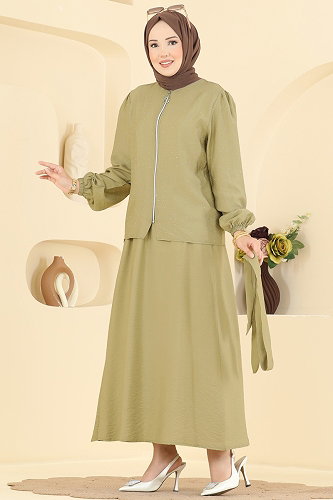 moda selvim Taş Detaylı Fermuarlı Takım 153NZRK1200 Çağla - Thumbnail