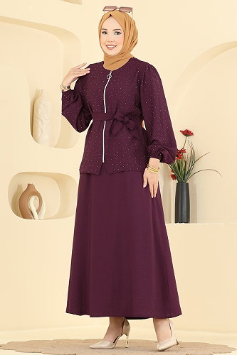 moda selvim Taş Detaylı Fermuarlı Takım 153NZRK1200 Mürdüm - Thumbnail