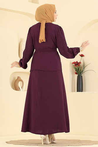 moda selvim Taş Detaylı Fermuarlı Takım 153NZRK1200 Mürdüm - Thumbnail