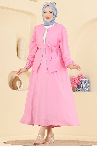 moda selvim Taş Detaylı Fermuarlı Takım 153NZRK1200 Pembe - Thumbnail
