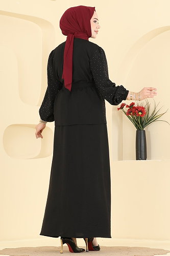 moda selvim Taş Detaylı Fermuarlı Takım 153NZRK1200 Siyah - Thumbnail