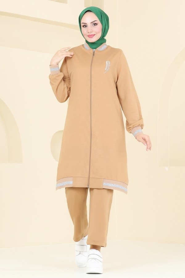 Modaselvim KURBAN BAYRAMI İNDİRİMİ Taş Detaylı Garnili Takım 1955FON792 Latte
