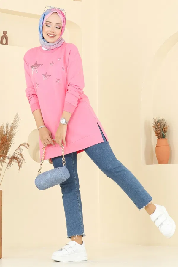 Modaselvim Tunik Taş Detaylı İki İp Tunik 102OZN1046 Pembe
