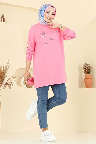 moda selvim Taş Detaylı İki İp Tunik 102OZN1046 Pembe - Thumbnail