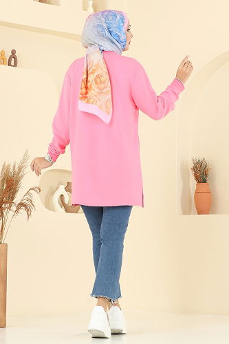 moda selvim Taş Detaylı İki İp Tunik 102OZN1046 Pembe - Thumbnail
