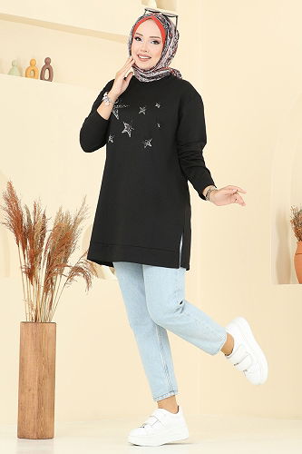 moda selvim Taş Detaylı İki İp Tunik 102OZN1046 Siyah - Thumbnail