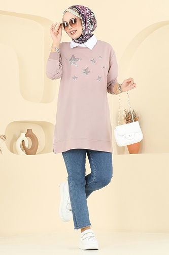 moda selvim Taş Detaylı İki İp Tunik 102OZN1046 Vizyon - Thumbnail