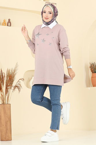 moda selvim Taş Detaylı İki İp Tunik 102OZN1046 Vizyon - Thumbnail