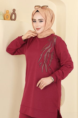 moda selvim Taş Detaylı İki İplik Takım 210OZN1046 Bordo - Thumbnail