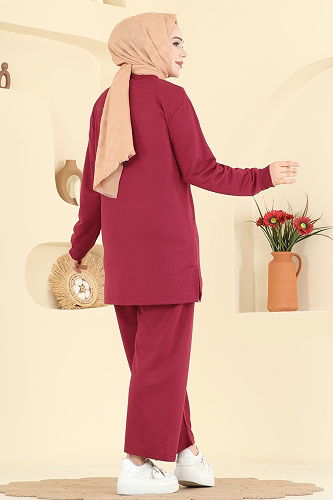 moda selvim Taş Detaylı İki İplik Takım 210OZN1046 Bordo - Thumbnail