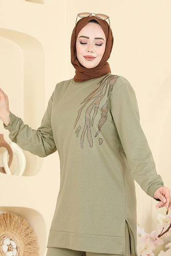 moda selvim Taş Detaylı İki İplik Takım 210OZN1046 Çağla - Thumbnail