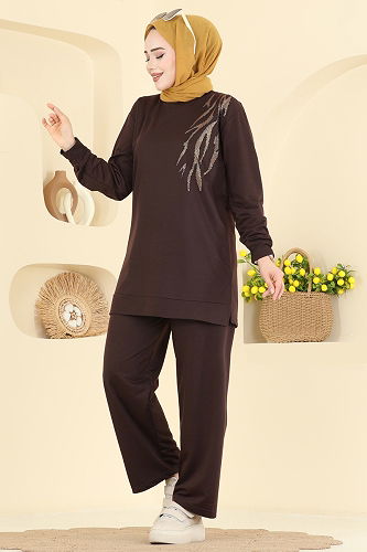 moda selvim Taş Detaylı İki İplik Takım 210OZN1046 Kahve - Thumbnail