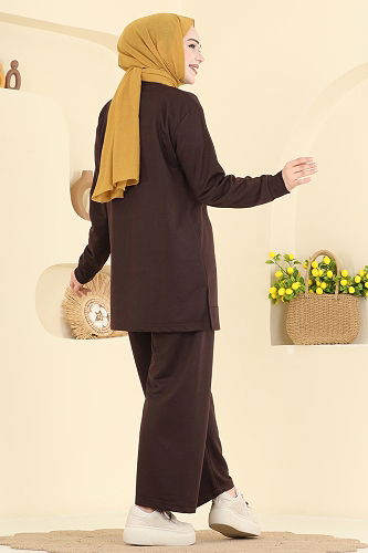 moda selvim Taş Detaylı İki İplik Takım 210OZN1046 Kahve - Thumbnail