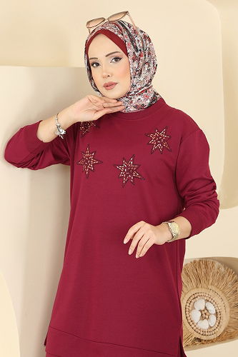 moda selvim Taş Detaylı İki İplik Takım 211OZN1046 Bordo - Thumbnail