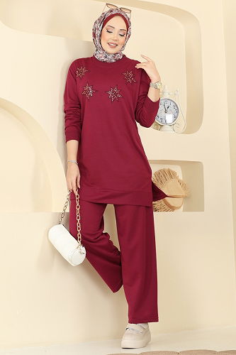 moda selvim Taş Detaylı İki İplik Takım 211OZN1046 Bordo - Thumbnail