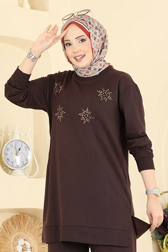 moda selvim Taş Detaylı İki İplik Takım 211OZN1046 Kahve - Thumbnail