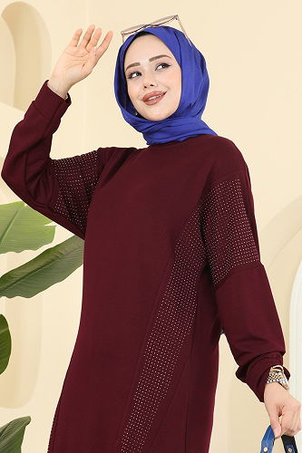 moda selvim Taş Detaylı İki İplik Takım 2744AYD574 Bordo - Thumbnail