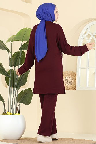 moda selvim Taş Detaylı İki İplik Takım 2744AYD574 Bordo - Thumbnail