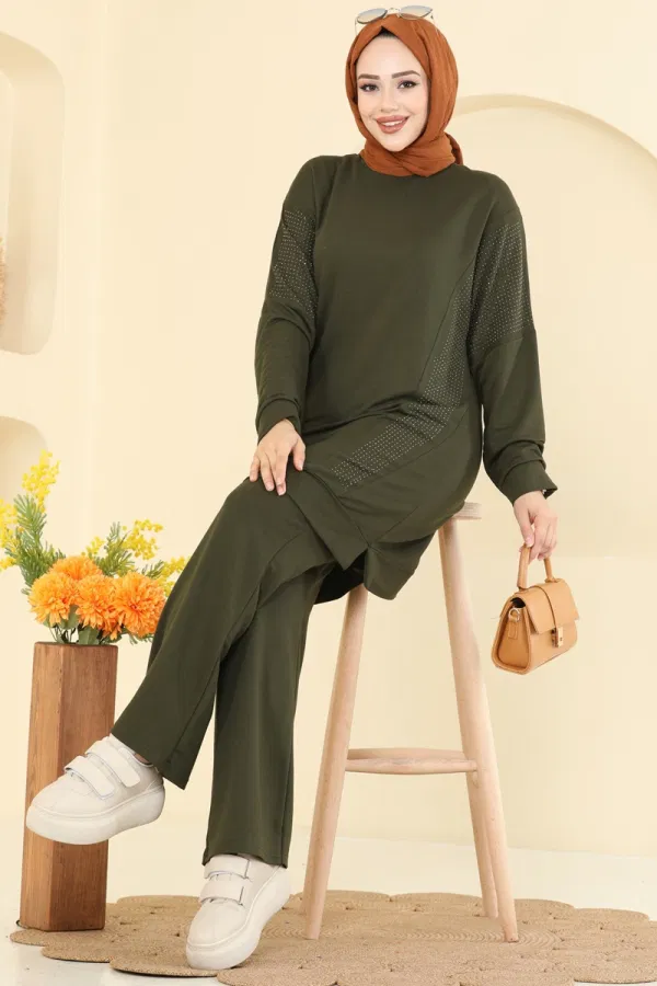 Modaselvim Kombin Taş Detaylı İki İplik Takım 2744AYD574 Haki