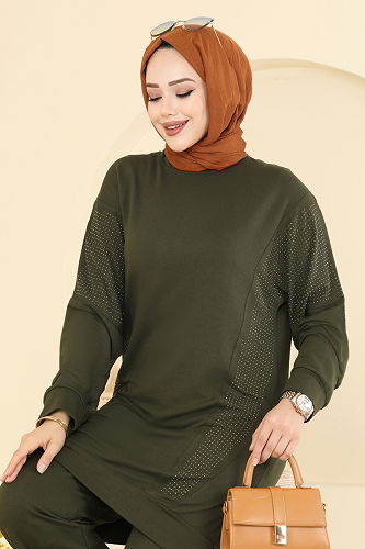 moda selvim Taş Detaylı İki İplik Takım 2744AYD574 Haki - Thumbnail