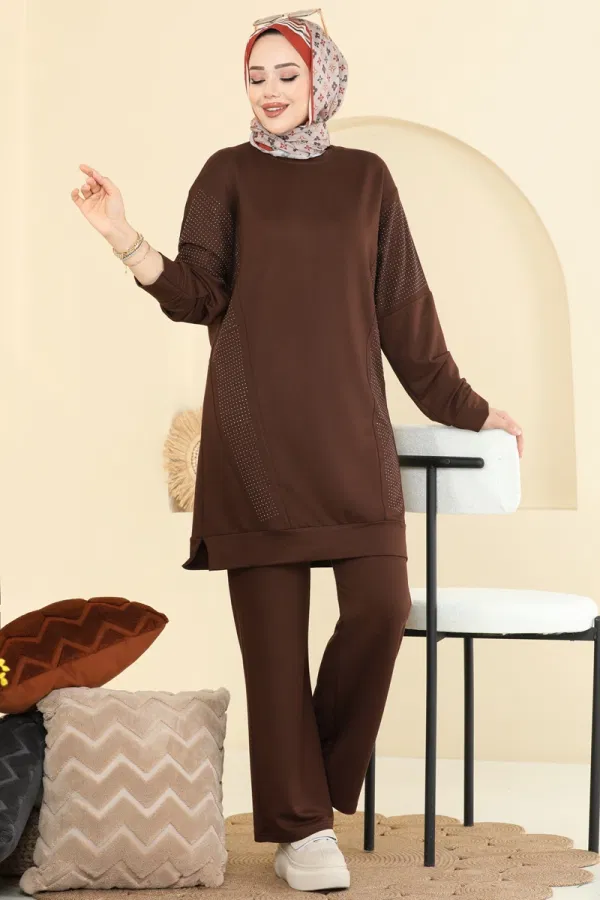 Modaselvim Kombin Taş Detaylı İki İplik Takım 2744AYD574 Kahve