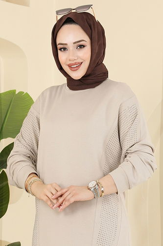 moda selvim Taş Detaylı İki İplik Takım 2744AYD574 Taş - Thumbnail