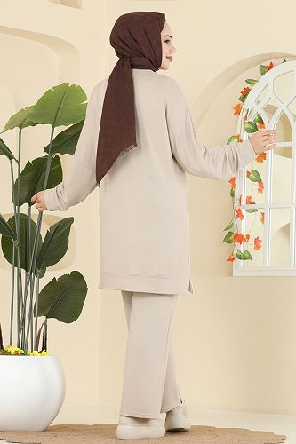 moda selvim Taş Detaylı İki İplik Takım 2744AYD574 Taş - Thumbnail