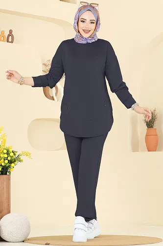 moda selvim Taş Detaylı İkili Takım 2728AYD574 Antrasit - Thumbnail