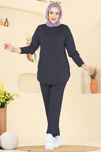 moda selvim Taş Detaylı İkili Takım 2728AYD574 Antrasit - Thumbnail