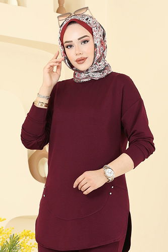 moda selvim Taş Detaylı İkili Takım 2728AYD574 Bordo - Thumbnail