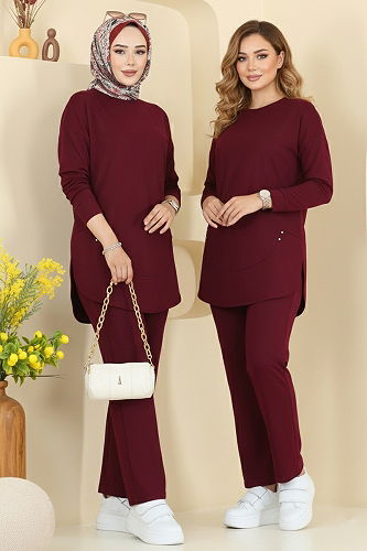 moda selvim Taş Detaylı İkili Takım 2728AYD574 Bordo - Thumbnail