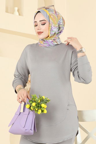 moda selvim Taş Detaylı İkili Takım 2728AYD574 Gri - Thumbnail