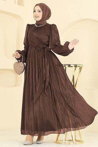 moda selvim Taş Detaylı Işıltılı Abiye 8162AB368 Açık Kahve - Thumbnail