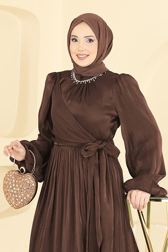 moda selvim Taş Detaylı Işıltılı Abiye 8162AB368 Açık Kahve - Thumbnail