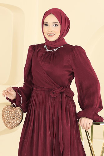 moda selvim Taş Detaylı Işıltılı Abiye 8162AB368 Bordo - Thumbnail