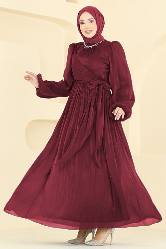 moda selvim Taş Detaylı Işıltılı Abiye 8162AB368 Bordo - Thumbnail